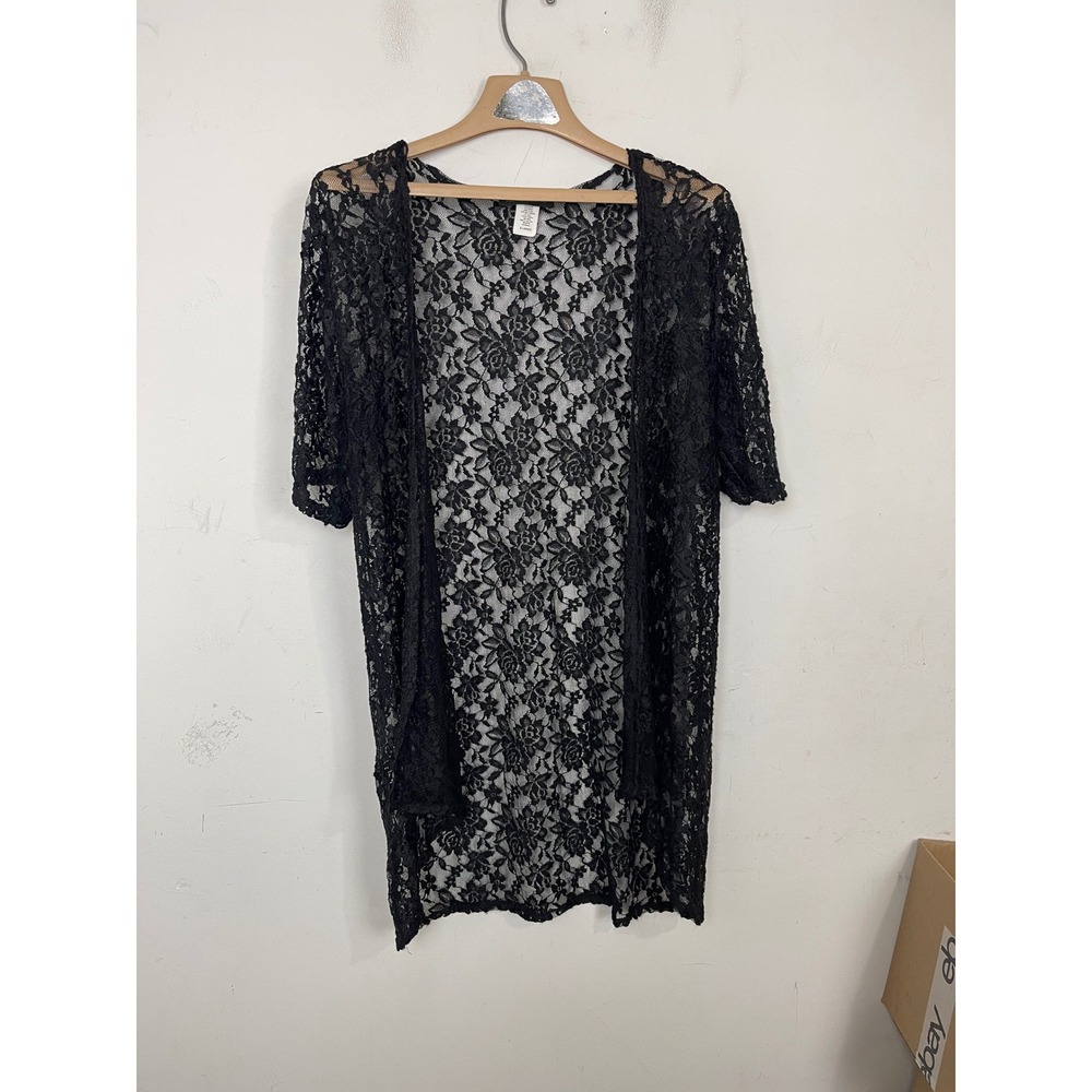 American City Wear Women XL Black Floral Lace Open Front Cardigan Duster 78229-M